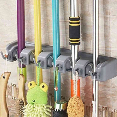 Soporte Organizador de Pared para Escobas y Traperos - 5 Espacios y 6 Ganchos Colgantes