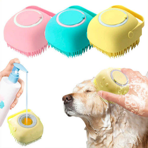 Cepillo de Baño en Silicona para Mascotas con Dispensador de Champú y Masajeador - Azul