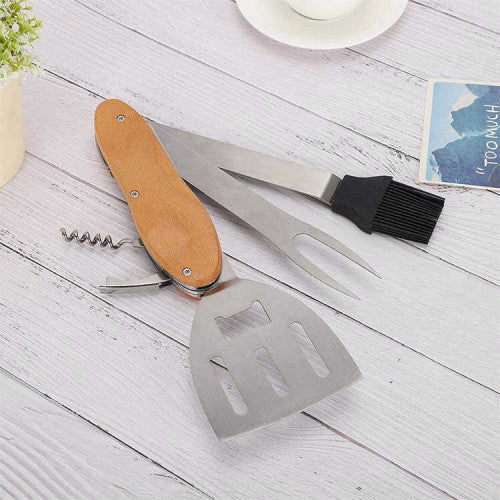 Set de Herramienta Plegable 5 en 1 para Asado – Espátula, Pincho, Brocha, Sacacorchos y Destapador