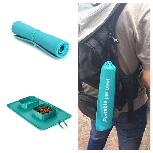 Comedero Plegable de Silicona para Mascotas con Doble Tazón – Verde