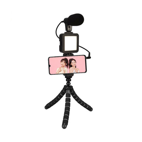 Kit de Video Portátil con Trípode Arácnido 360º, Luz LED, Soporte para Celular, Micrófono y Control Remoto - Modelo PK-775