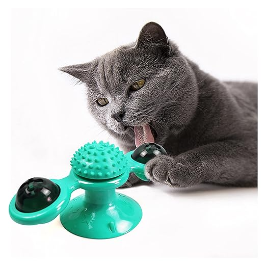 Juguete Rascador para Gato con Ventosa y Bola Giratoria - Verde Azul/Rosado/Verde