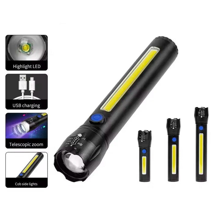 Linterna Metálica Recargable con Zoom y Luz Lateral COB