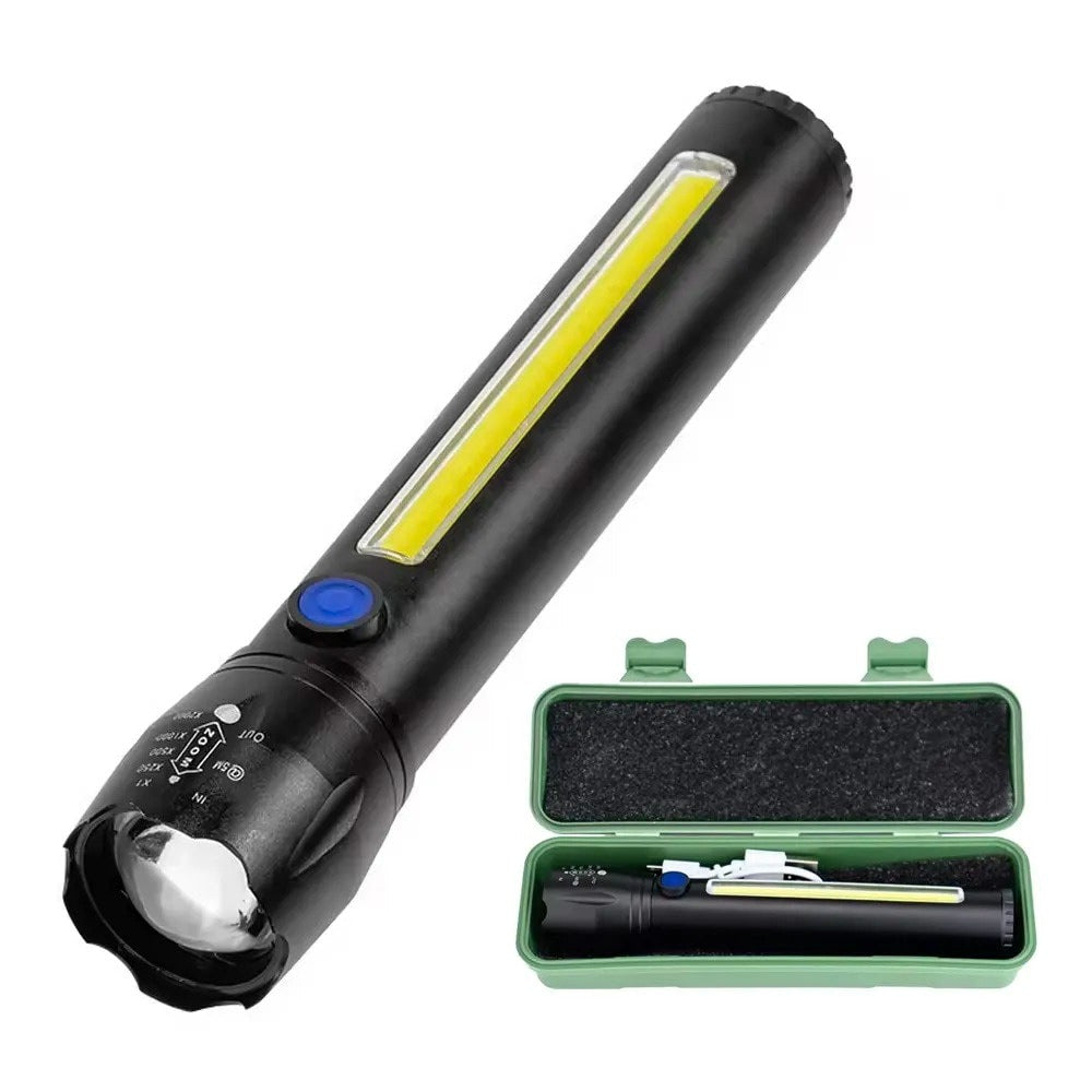 Linterna Metálica Recargable con Zoom y Luz Lateral COB