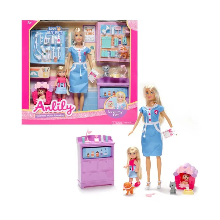 Muñeca Veterinaria con Set de Accesorios y Mascotas
