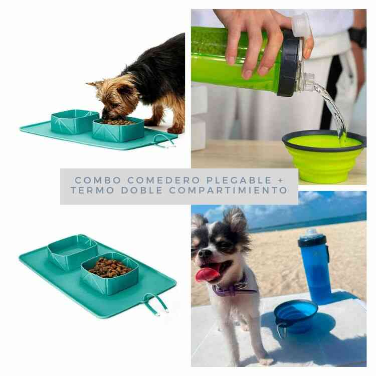 Comedero para Mascotas Plegable de Silicona + Termo para Mascotas Doble Compartimento con Plato Plegable para Mascotas